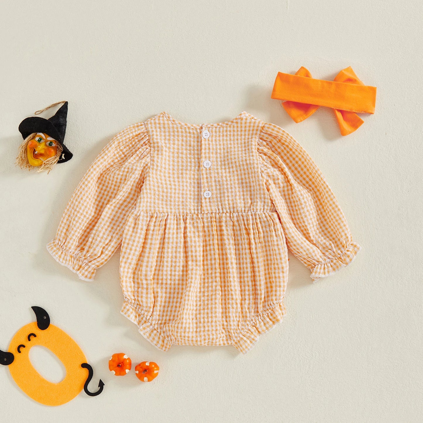 Halloween Baby Girl Plaid Print Romper Cotton Bodysuit Puff Sleeve Crew Neck Playsuit With Headband Infant 2Pcs Clothes Suit