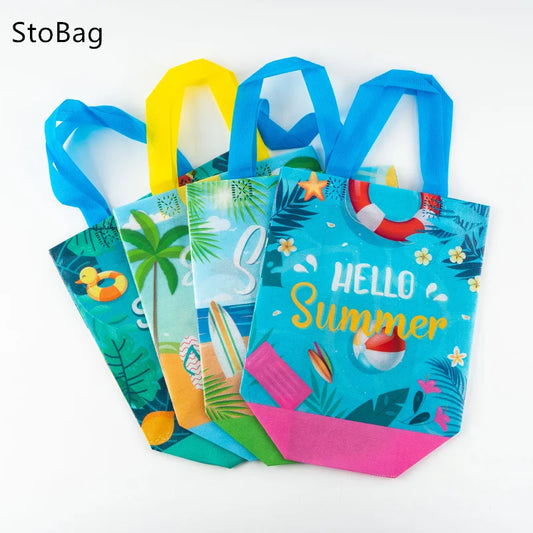 Summer Vacation, Holiday Portable Non Woven Portable Shopping Gift Bags, Beach, Kids, Games, Surfing, Toys, Snacks Theme, 12pcs