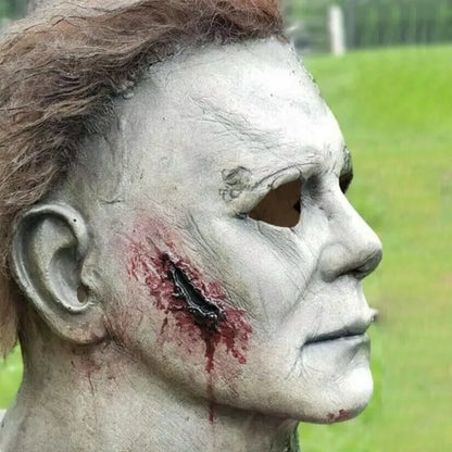 Halloween Michael Myers Mask Scary Killer Full Head Mask Creepy Fire Burn Scar Latex Face Mask Cosplay Costume Party Props Knife