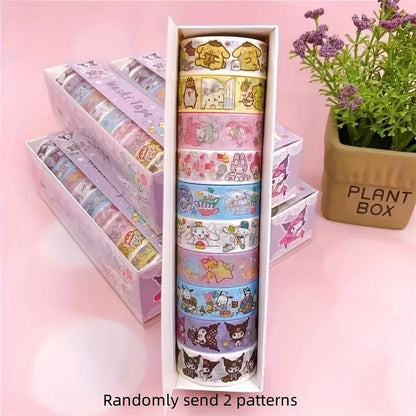 10 Pcs Sanrio Washi Tape Set  Adorable Kuromi, My Melody & Cinnamoroll Designs Cartoon Stickers for Journaling and Crafting