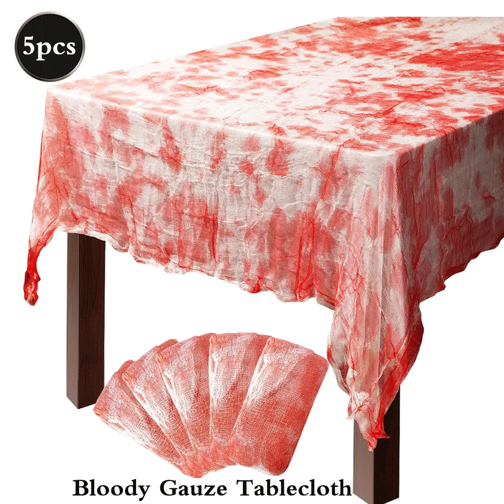 1/3/5pcs Halloween Tablecloth Bloody Gauze 85'' X 60'' Scary Bloody Table Cover Halloween Party Supplies Spook House Decorations