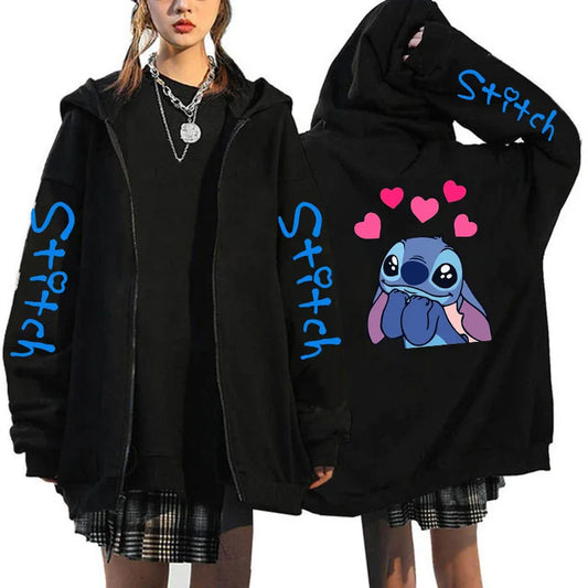 Oversized Y2k Zip-Up Hoodie Disney Women's Lilo & Stitch Costume Winter Clothes Woman Long Sleeve Warm Jacket Zip-Up Street Tops