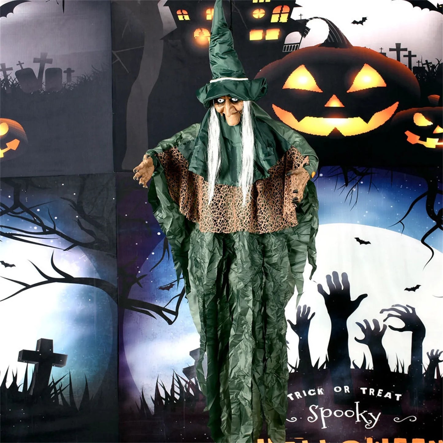 Halloween Talking Witch Outdoor Spooky Scary Witch Animatronic Voice Controlled Glowing Screaming Decoration Haunted House Decor