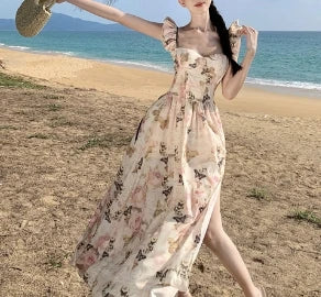 Elegant Sexy  Off Shoulder Vintage Print Split Slip Dress Summer Beach Vestidos Slim Sleeveless Women Party Dresses