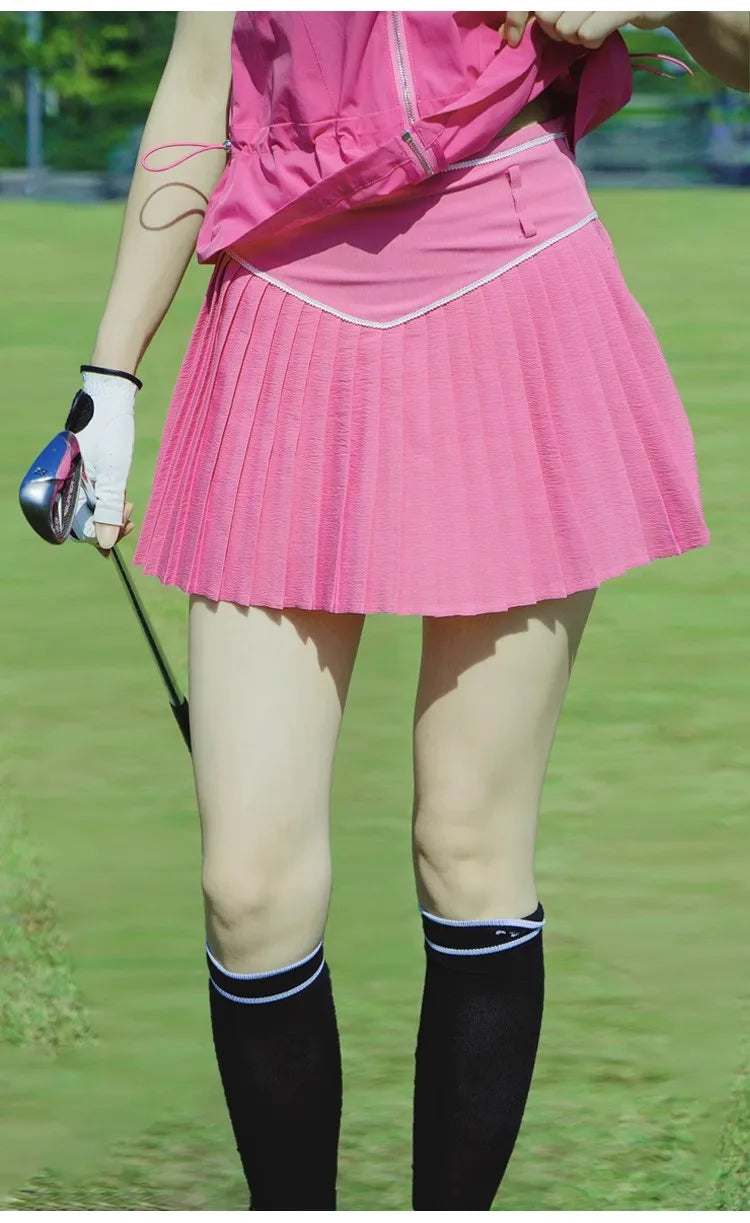New Golf Women Outfits 2025 Zipper Stand Collar Tops Summer Thin Sports Loose Shirts Pleated Skort Designer's Golf Clothes
