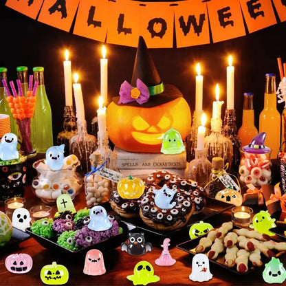 32PCS Halloween Luminous Mini Figures Tiny Resin Figures to Hide Small Pumpkin Skull Figures for Party Garden Dollhouse Decor
