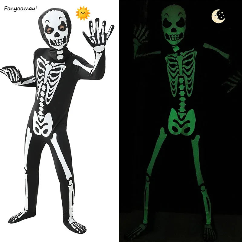 Boys Scary Zombie Halloween Costume Glow in the Dark Printed Skeleton Jumpsuit Kids Carnival Party Spooky Ghost Horror Jumpsuit