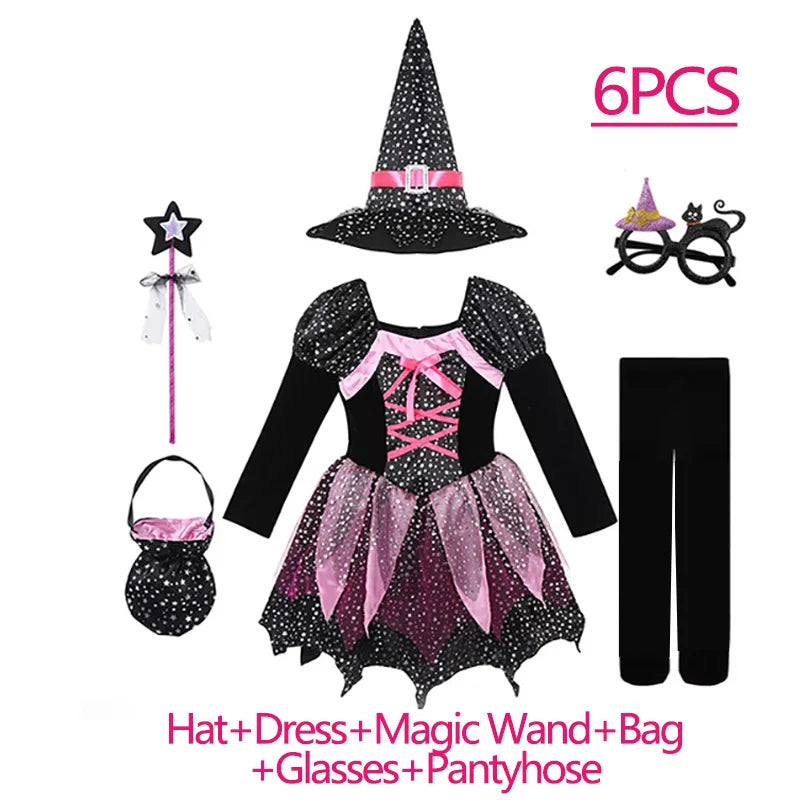 Kids 2025 Halloween Witch Costume for Girls Carnival Party Evil Lovely Witch Vestidos Set Dress+Hat+Magic Wand+Bag Clothes Set