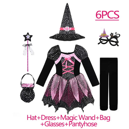 Kids 2025 Halloween Witch Costume for Girls Carnival Party Evil Lovely Witch Vestidos Set Dress+Hat+Magic Wand+Bag Clothes Set