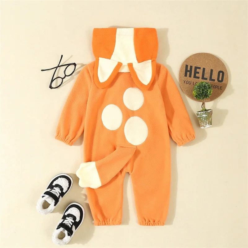 Cartoon Blue Orange Dog Costume for Toddler Baby Boys Girls Halloween Costume Hooded Ear Tail 1Piece Jumpsuit
