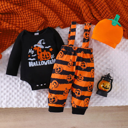 Ceeniu My First Halloween Baby Outfit for Boys Long Sleeve Letter Romper Suspender Pants+Hat Newborns Baby Halloween Costumes