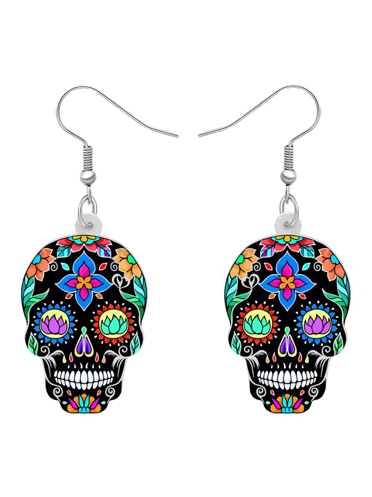 BONSNY Acrylic Halloween Decorations Floral Sugar Skull Skeleton Earrings Drop Dangle for Women Girls Teens Novelty Punk Gifts