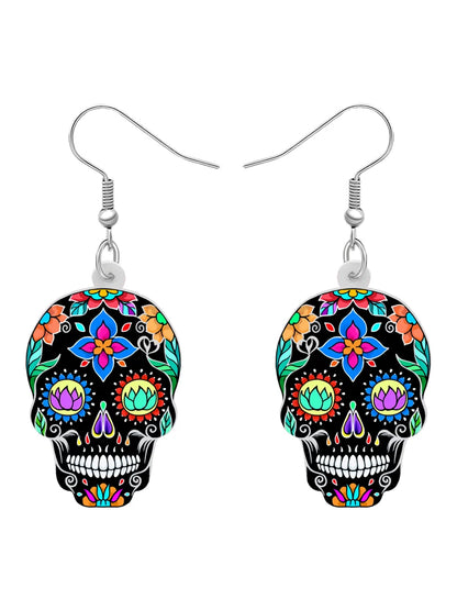 BONSNY Acrylic Halloween Decorations Floral Sugar Skull Skeleton Earrings Drop Dangle for Women Girls Teens Novelty Punk Gifts