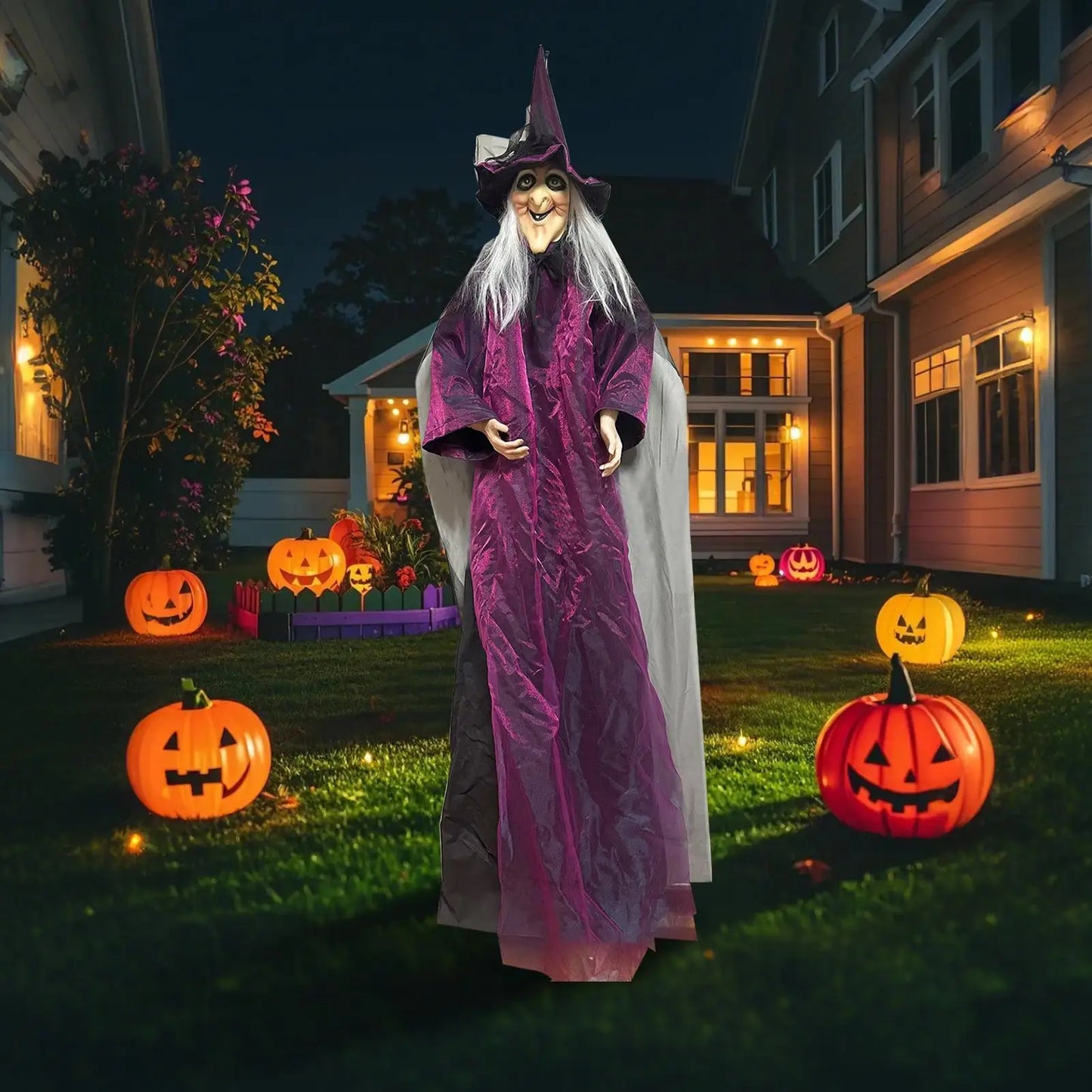 Halloween Sound Activated Light-Up Witch Hanging Ghost Scary Props for Haunted House Bar Secret Room Outdoor Yard Garden Party