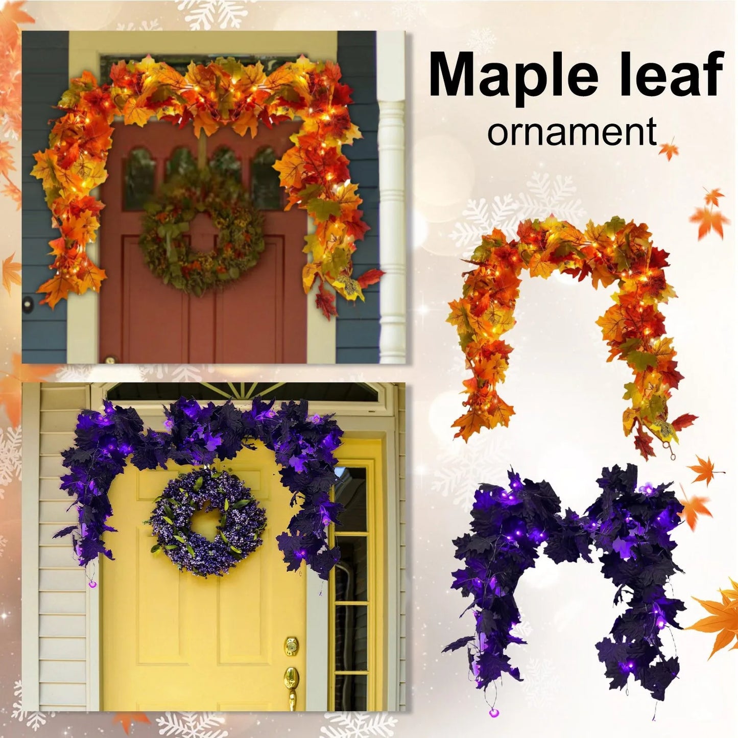 1pc Halloween Artificial Hanging Fall Leave Vines With 20 LED Black Leaf Garland With Purple Lights Battery Powered Horror Atmo
