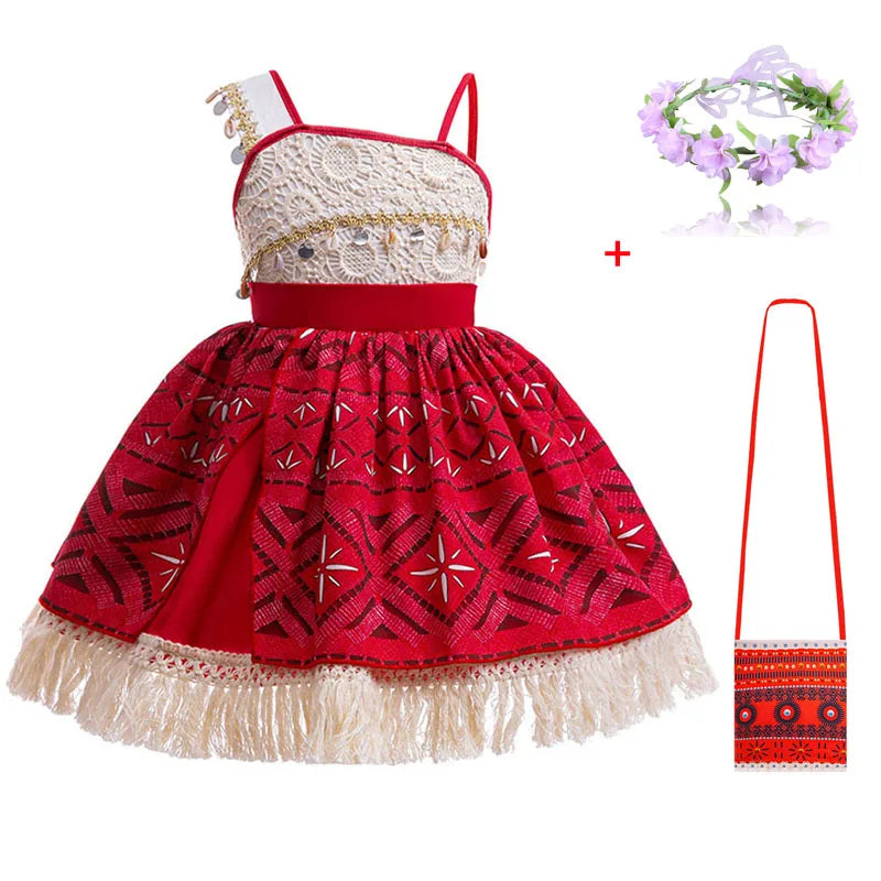 New Movies Moana Ocean Adventure Girls Role Play Costume Dress Bag Garlands Outfits Kid Halloween Party Printed Tassels Dress