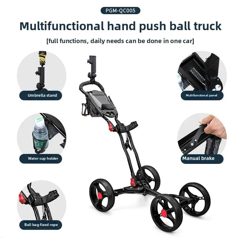 PGM Aluminium Alloy Trolley With Umbrella Holder Bottle Cage Fixing Rope Manual Brake Foldable Golf Bag Cart Four Wheels QC005