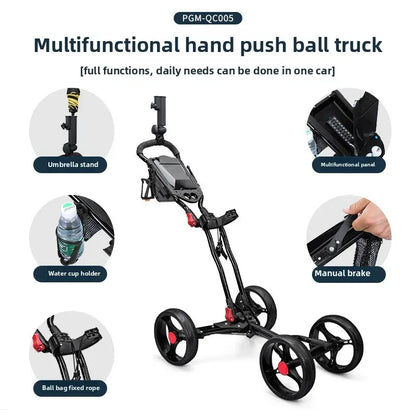 PGM Aluminium Alloy Trolley With Umbrella Holder Bottle Cage Fixing Rope Manual Brake Foldable Golf Bag Cart Four Wheels QC005
