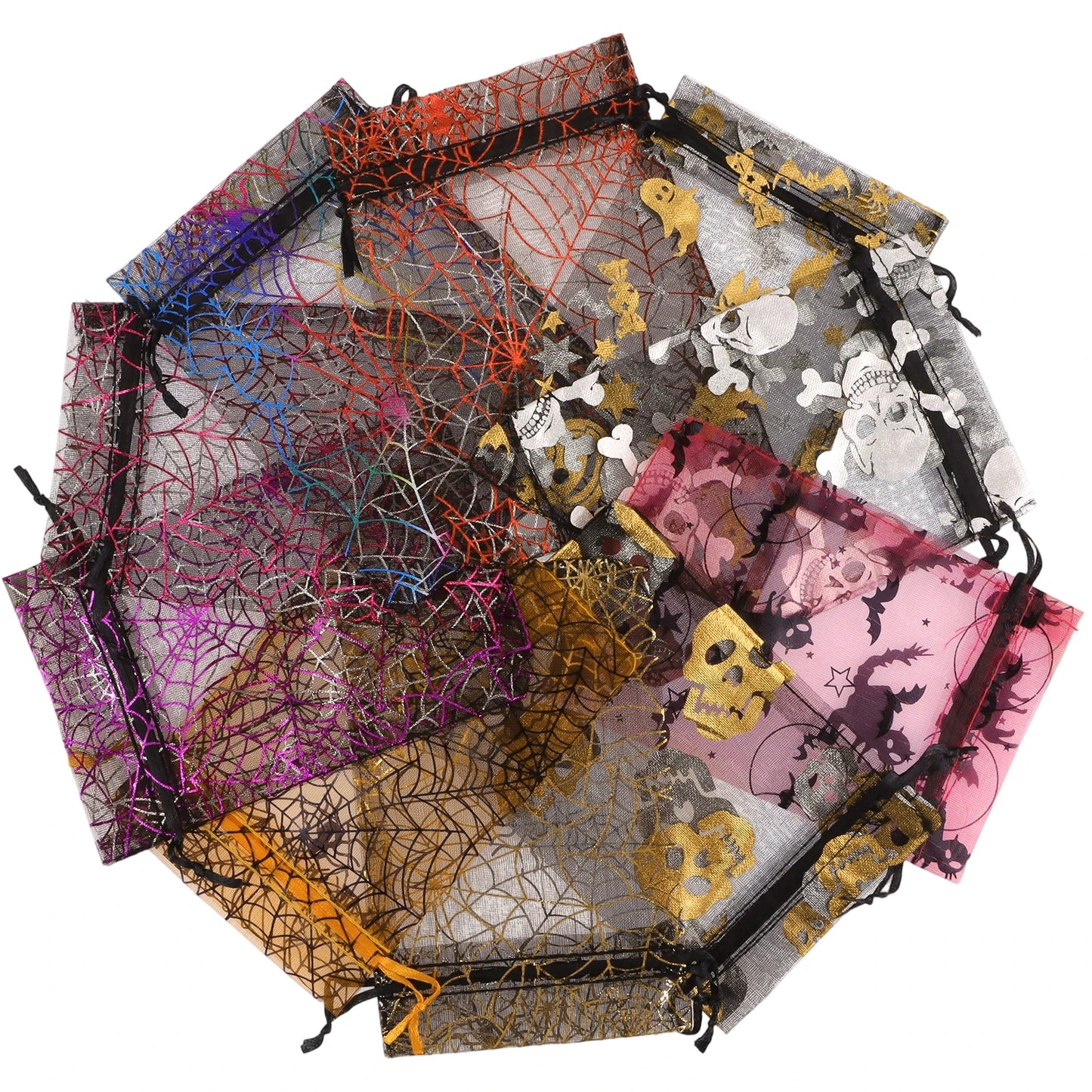 50/100pcs Colorful Halloween Organza Gift Bags Skull Spider Web Printing Packaging Gift High Quality Drawstring Candy Bag