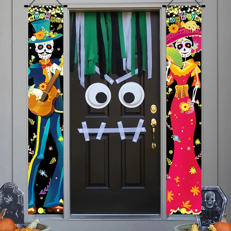 Mexican Day of the Dead Halloween Couplet Scary Skeleton Couple Flag Halloween Decoration Hanging Flag Banner Door Decor