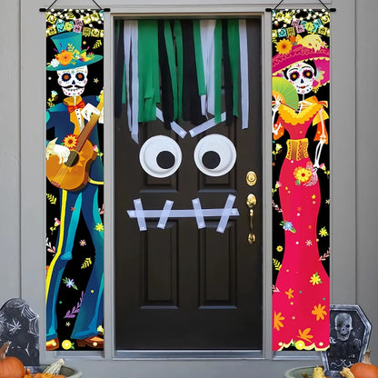 Mexican Day of the Dead Halloween Couplet Scary Skeleton Couple Flag Halloween Decoration Hanging Flag Banner Door Decor