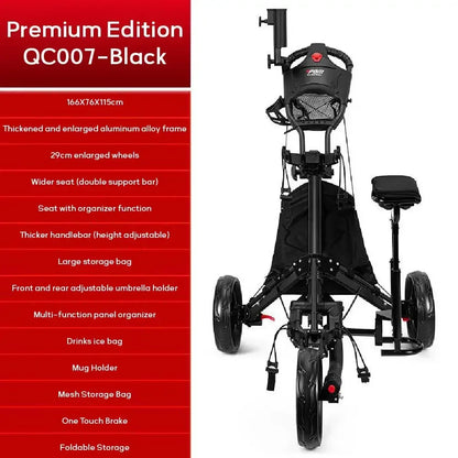 PGM Golf Cart 3 Wheels, Golf Bag Cart Foldable, With Cup Holder With Seat, Compact Golf Pull Car