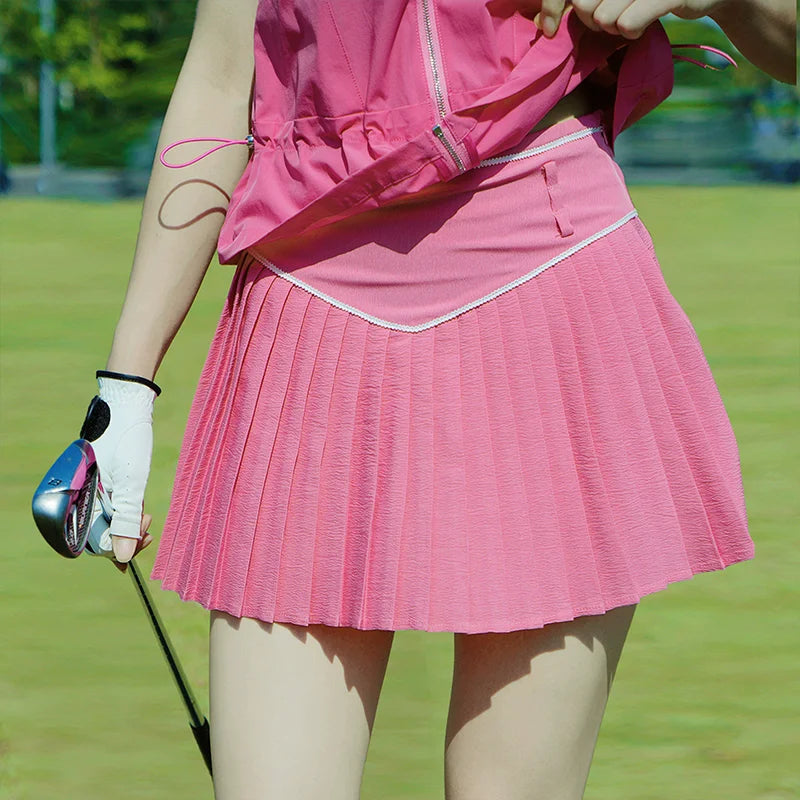 New Golf Women Outfits 2025 Zipper Stand Collar Tops Summer Thin Sports Loose Shirts Pleated Skort Designer's Golf Clothes