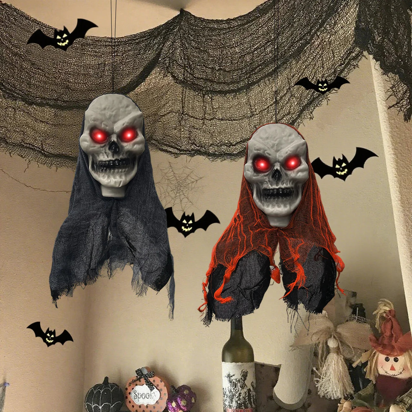 2PCS Halloween Decorations Party Hanging Skull Skeleton Ghost Ornament Horror Props Haunted Home Decoration Halloween Outdoor