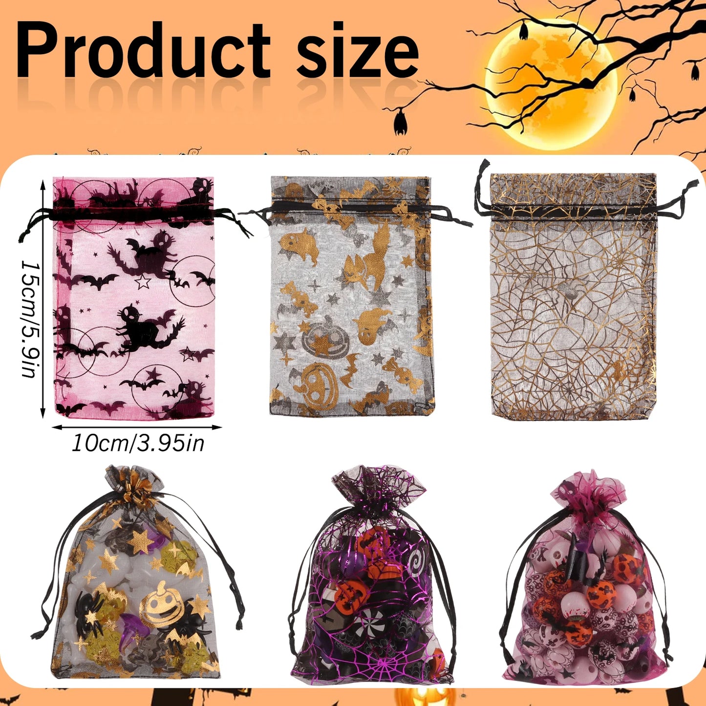 50/100pcs Colorful Halloween Organza Gift Bags Skull Spider Web Printing Packaging Gift High Quality Drawstring Candy Bag
