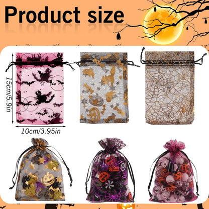 50/100pcs Colorful Halloween Organza Gift Bags Skull Spider Web Printing Packaging Gift High Quality Drawstring Candy Bag