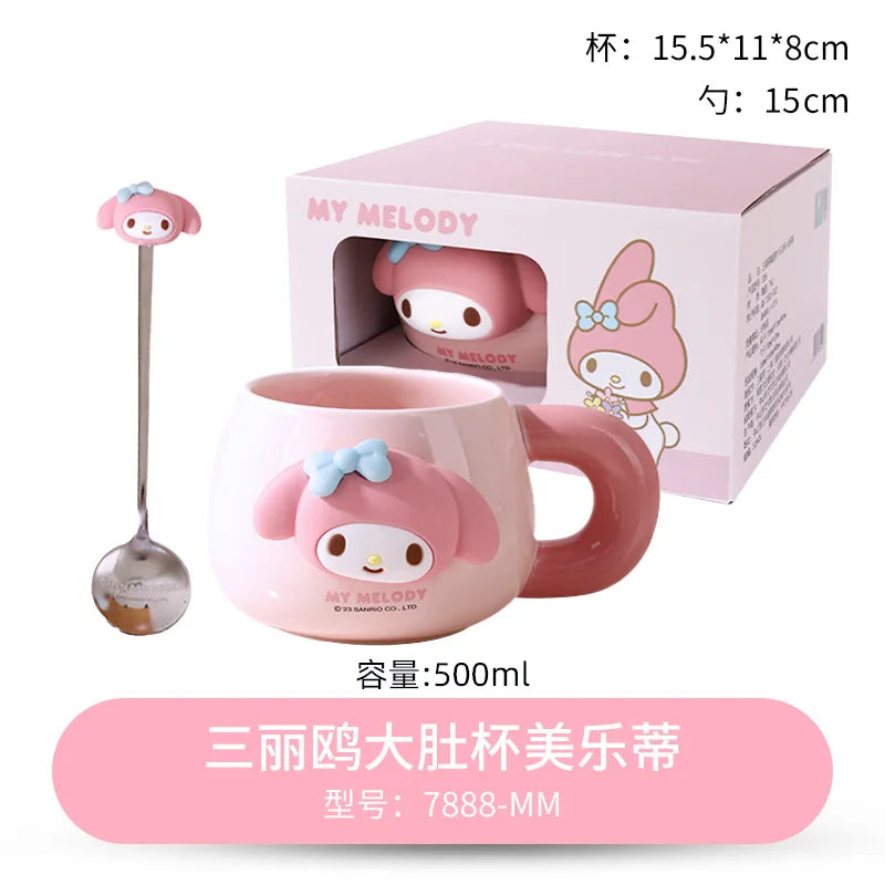 Sanrio Ceramic Mug My Melody Kuromi Cinnamoroll Anime Large Capacity Milk Cup With Spoon Mark Cup Lovers Coffee Cup Girl'S Gift