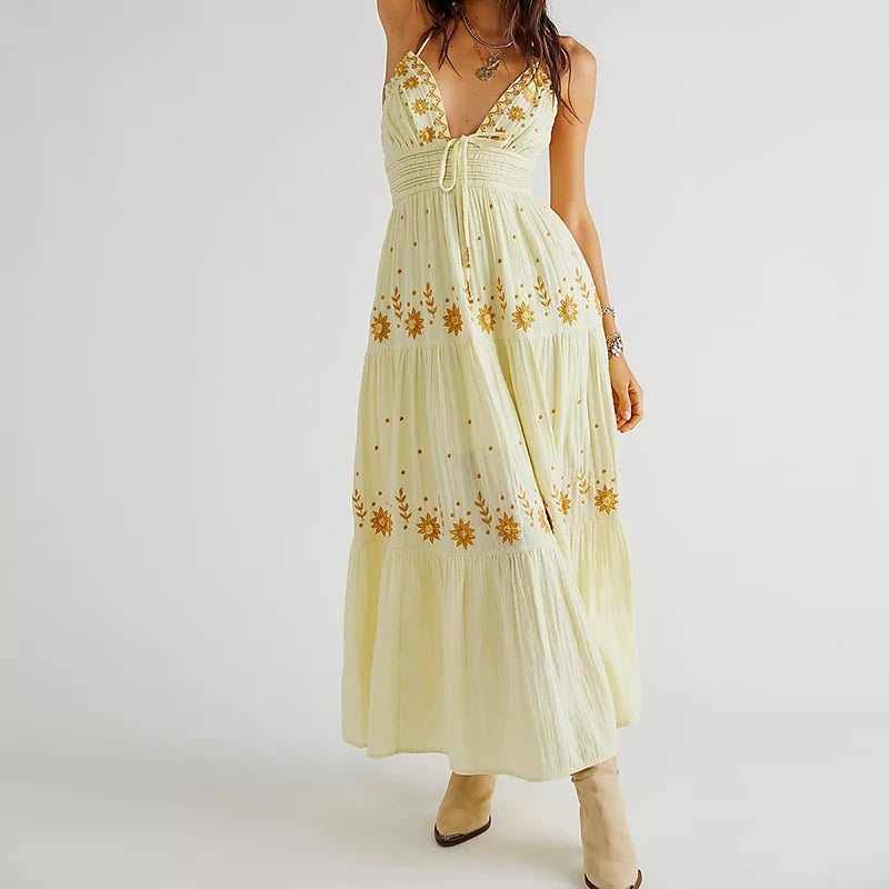 Beach Style Women v Neck Backless Halter Long Dress Bohemian Indie Embroidery Maxi Dress Summer Club Party Vestidos Holiday