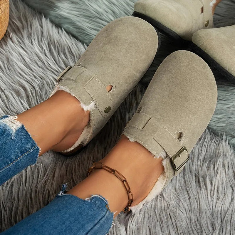 Comwarm Fur Lined Clogs for Women Men Winter Fuzzy Cork Slippers Fur Cork Mules Short Plush House Cork Shoes Winter Zuecos Mujer