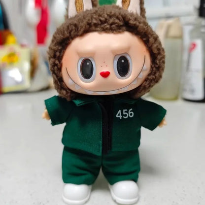 15 17cm for Labubu Doll Clothes Korean Kpop Jacket Squid Game Jumpsuit Clothing Cool Black Mask Heargear Dollhouse Accessories