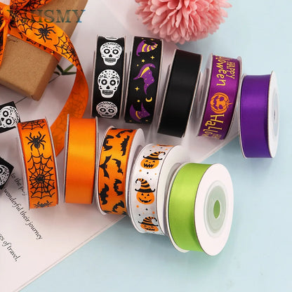 5/8'' Wide Halloween Ribbons Satin Ribbon Pumpkin Ghost Skull Printed Halloween Wrapping Ribbon for Halloween Theme DIY Craft