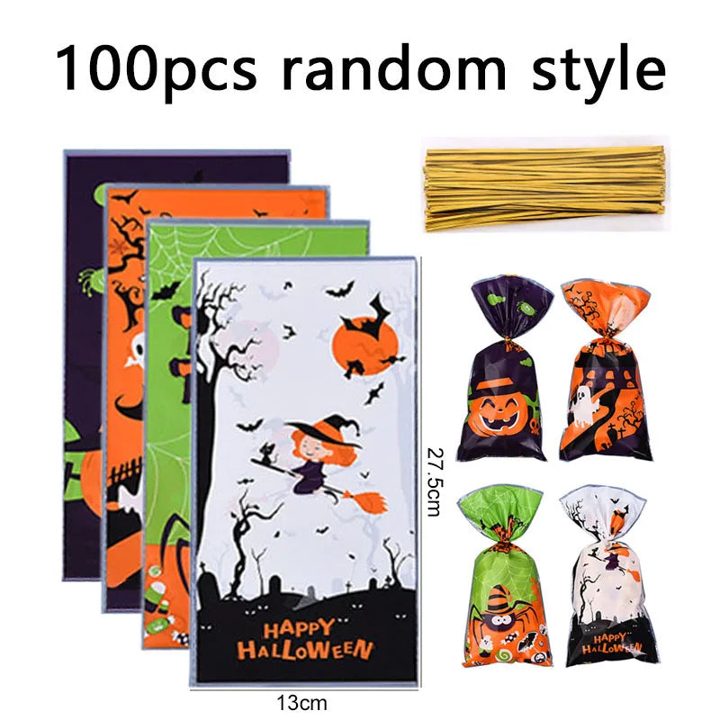 Halloween Gift Bag With Zip Ties Plasic Cartoon Pattern Festival Party Supplies Flat Two Color Schemes Mouth Candy Bag TMZ