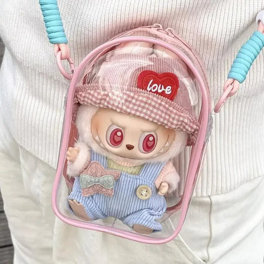 For 15cm Labubu V2 Sitting Party Cotton Doll Crossbody Pain Bag Pvc Storage Bag Hairball Dolls Display Bag (No Dolls)