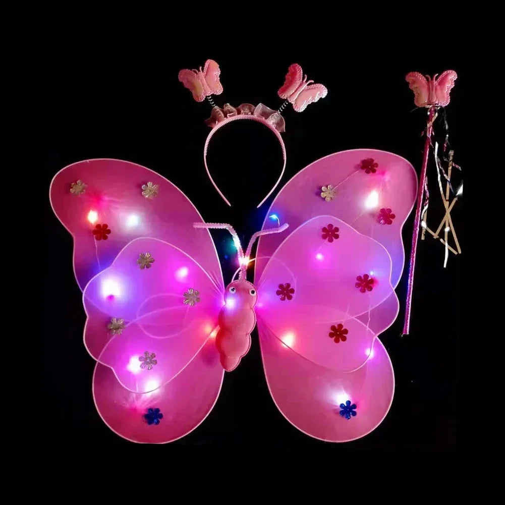 3/4Pcs/Set  Fairy Butterfly Wing Wand Headband Costume Toy Gift Halloween Decoration Double Layers Girls Led Flashing Light
