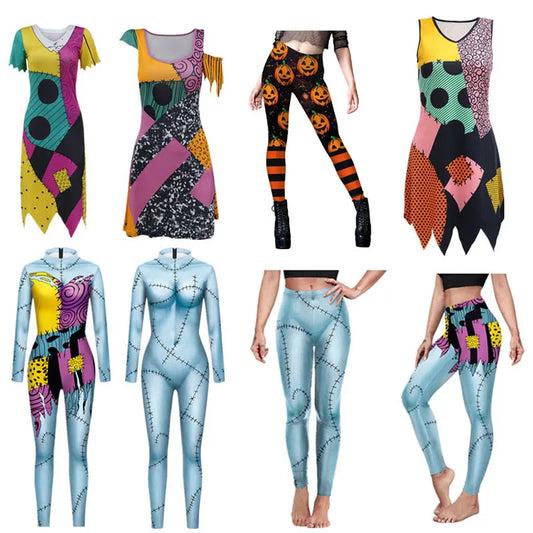 Anime Movie Sally Cosplay Dress Halloween Party Set Costume Christmas Women Slim Jumpsuit Catsuit Zentai Bodysuit Gothic Leggins
