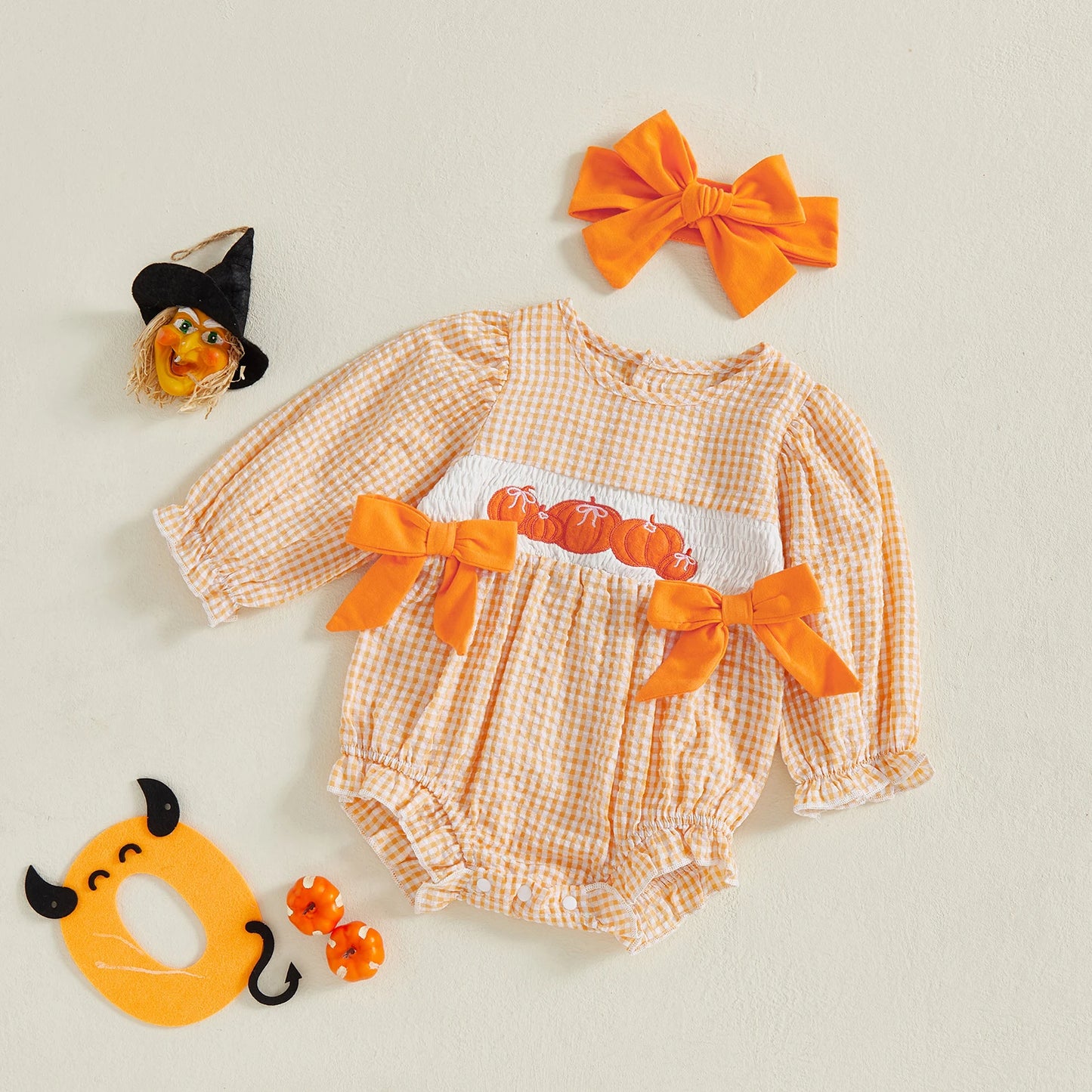 Halloween Baby Girl Plaid Print Romper Cotton Bodysuit Puff Sleeve Crew Neck Playsuit With Headband Infant 2Pcs Clothes Suit