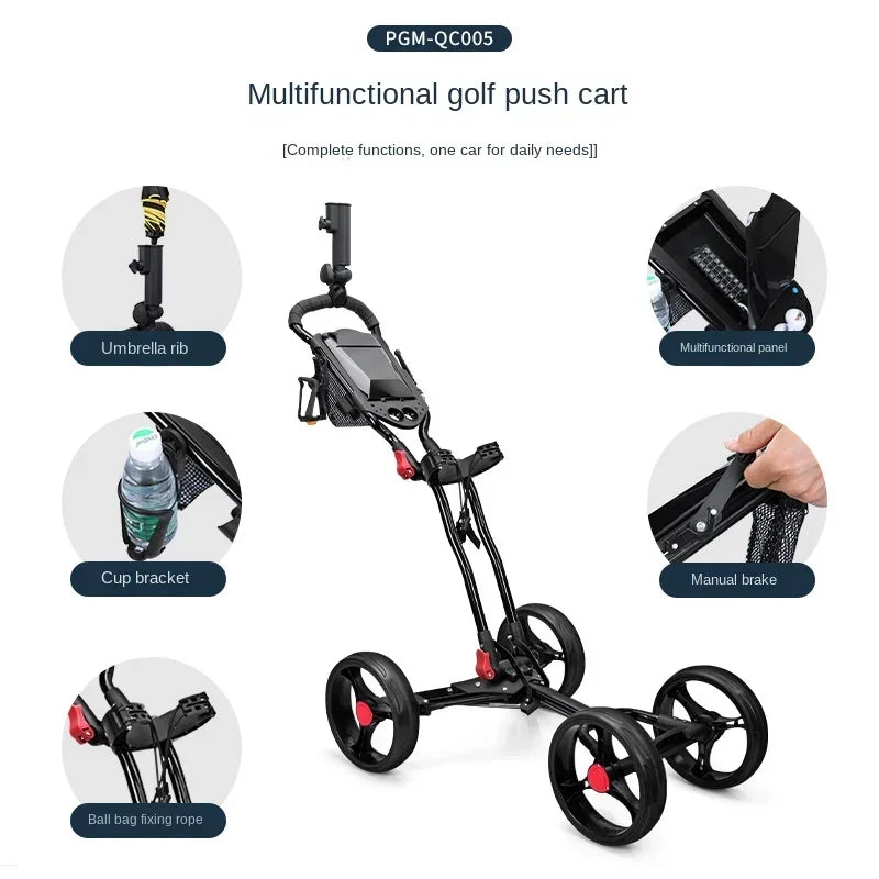 PGM Foldable Golf Bag Cart Four Wheels Aluminium Alloy Trolley With Umbrella Holder Bottle Cage Fixing Rope Manual Brake QC005