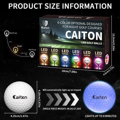 Caiton Night Glow Golf Balls – Set of 6 High-Visibility, Impact-Activated Balls for Nighttime Play, Perfect Gift for Golf Lovers