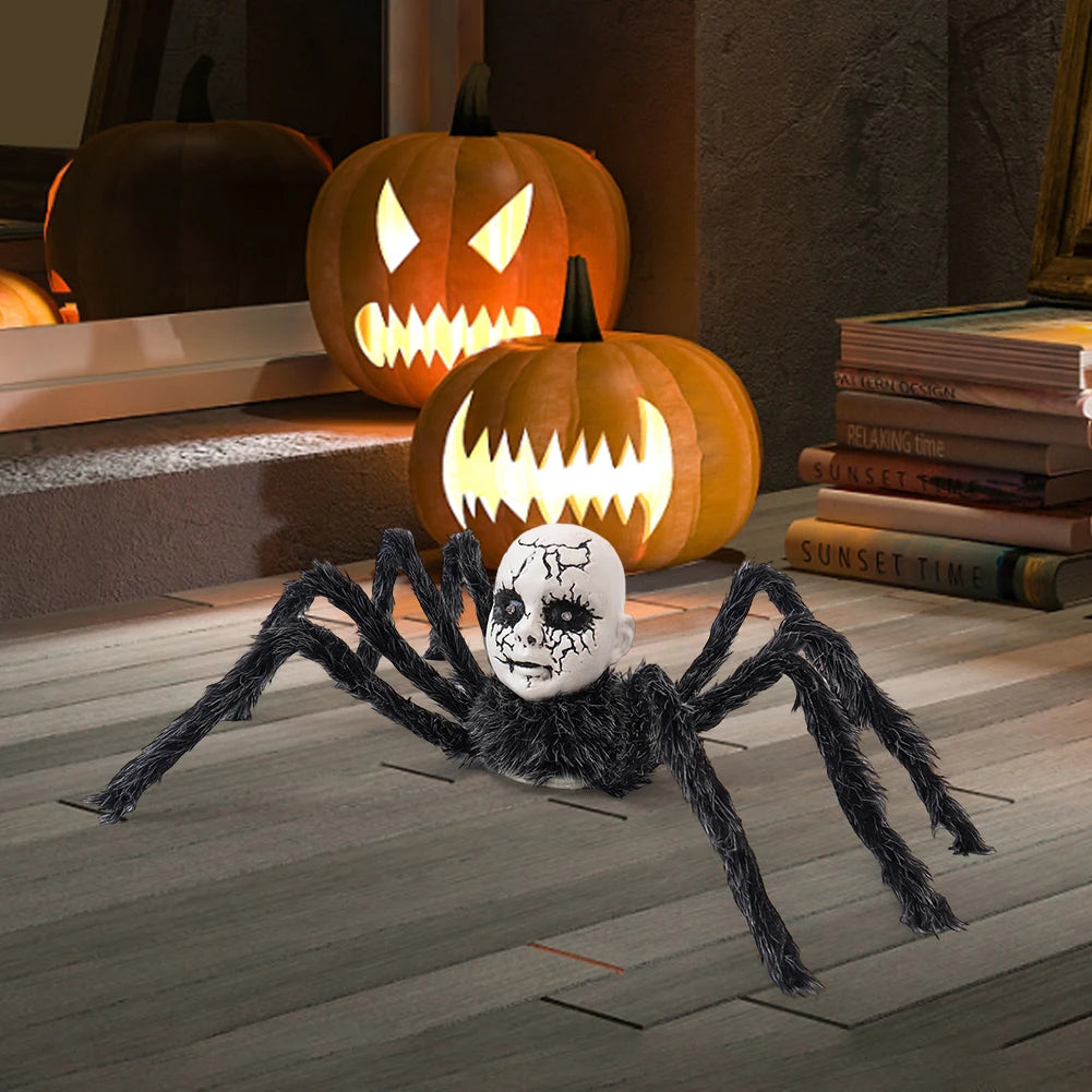 Halloween Animatronic Doll Face Spider Sound Activated Scary Walking Spider Haunted House Prop Halloween Party Decoration