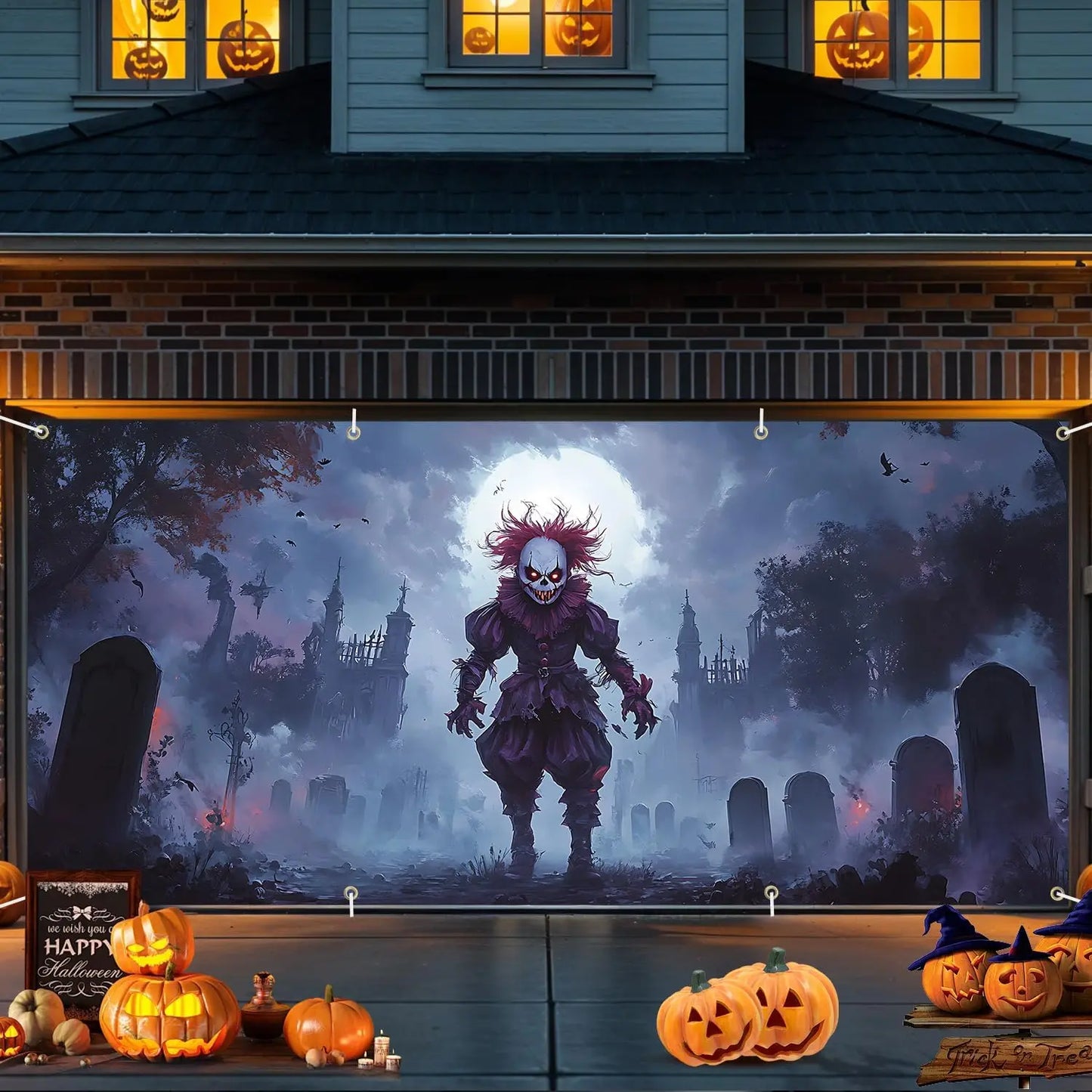 Scary Clown Garage Door Banner – Haunted Cemetery Halloween Decoration for Outdoor Parties & Events
