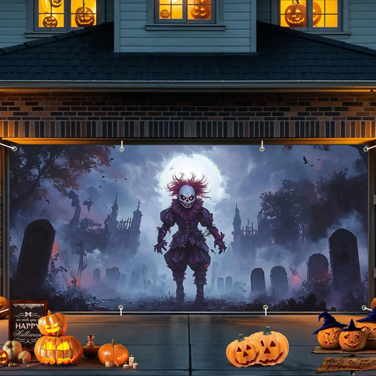 Scary Clown Garage Door Banner – Haunted Cemetery Halloween Decoration for Outdoor Parties & Events