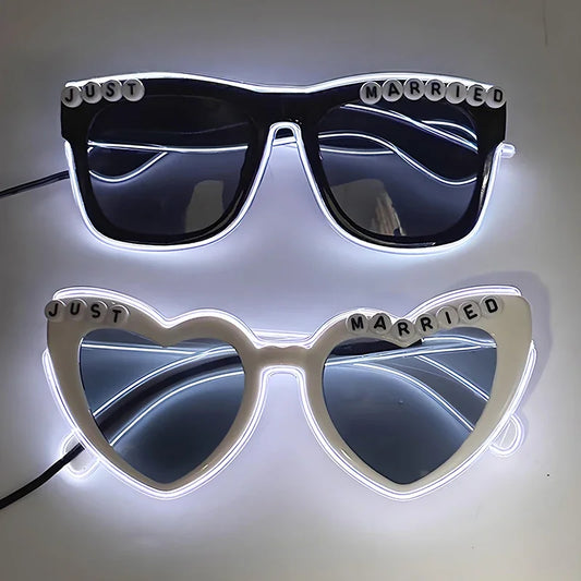 White Just Married LED Luminous Glasses Heart Shaped EL Neon Decorative Glasses Engagement  Wedding Bridal Shower Props