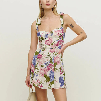Summer Dresses for Women 2023 Sweetheart Neck Sleeveless Tie Strap Floral Print Mini Dress Woman Vacation Beach Style Sundress