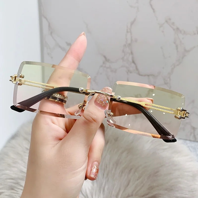Rimless Rectangle Vintage Sunglasses Woman Brand Pink Gradient Sun Glasses Female Cutting Lens Square Ladies Oculos De Sol