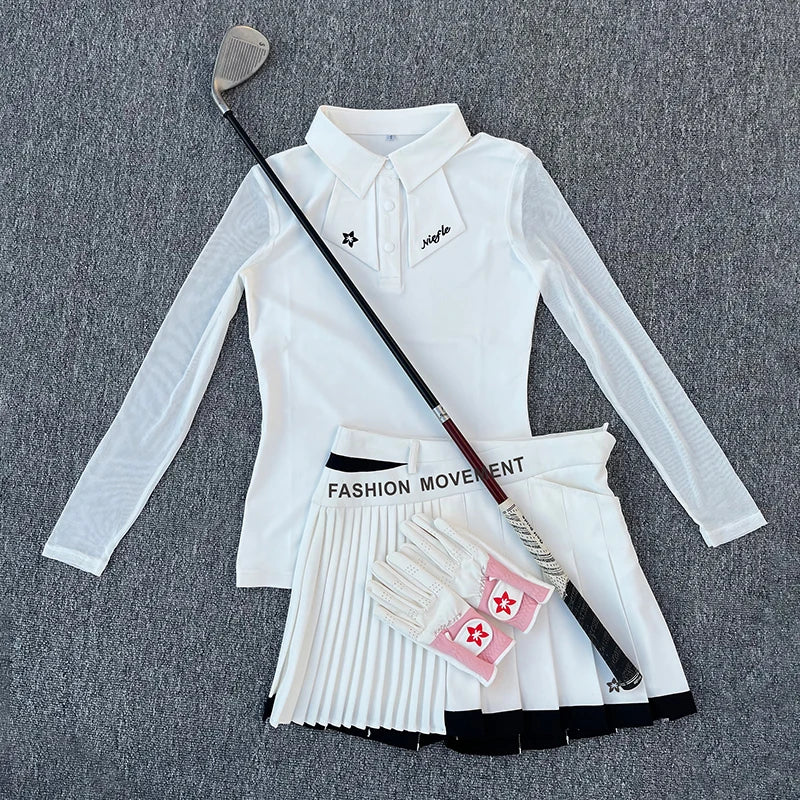 Golf Women's Long-Sleeved Polo Shirt, Summer Mesh Sleeve Sunshade, Quick-Drying, Breathable and Slimming Outdoor Sports Set