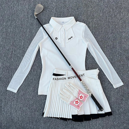 Golf Women's Long-Sleeved Polo Shirt, Summer Mesh Sleeve Sunshade, Quick-Drying, Breathable and Slimming Outdoor Sports Set